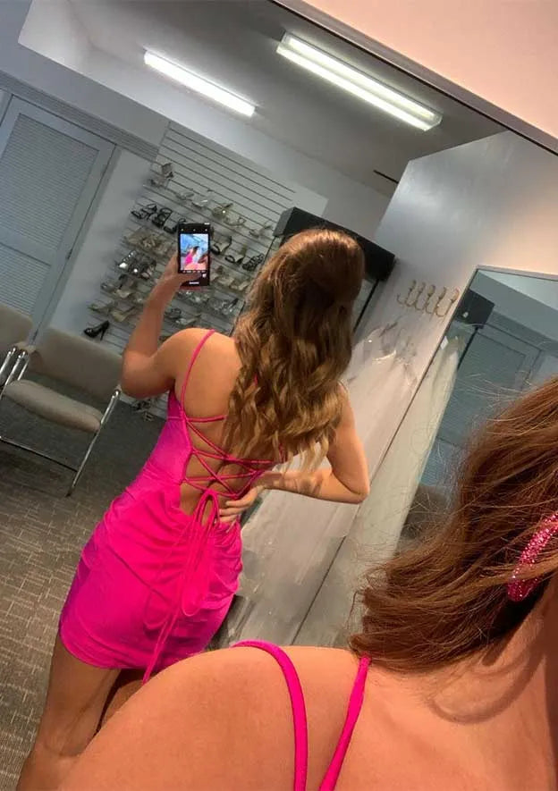 Vibrant Bodycon V-Neck Double Straps Lace-Up Back Hot Pink Mini Homecoming Dress