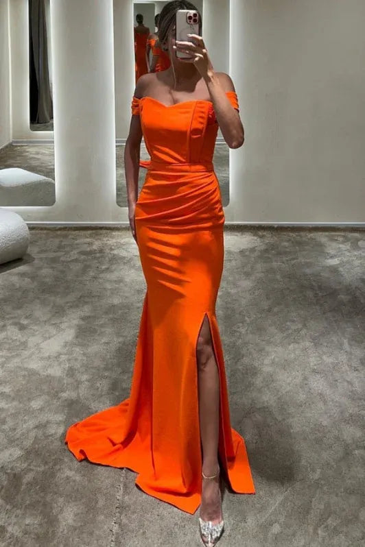 Vibrant Mermaid Off-the-shoulder Sleeveless Ruched Orange Floor-length Prom Dress for Women Hot Sale