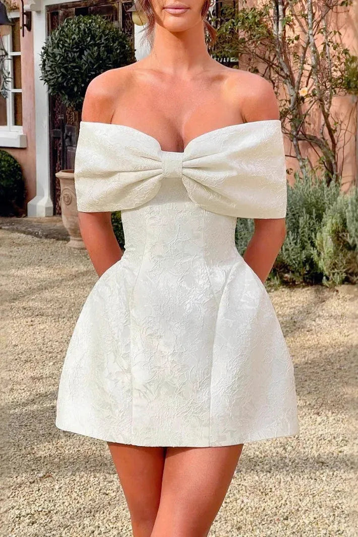 Vintage A-Line Off-Shoulder Bow Backless Jacquard White Mini Homecoming Dress