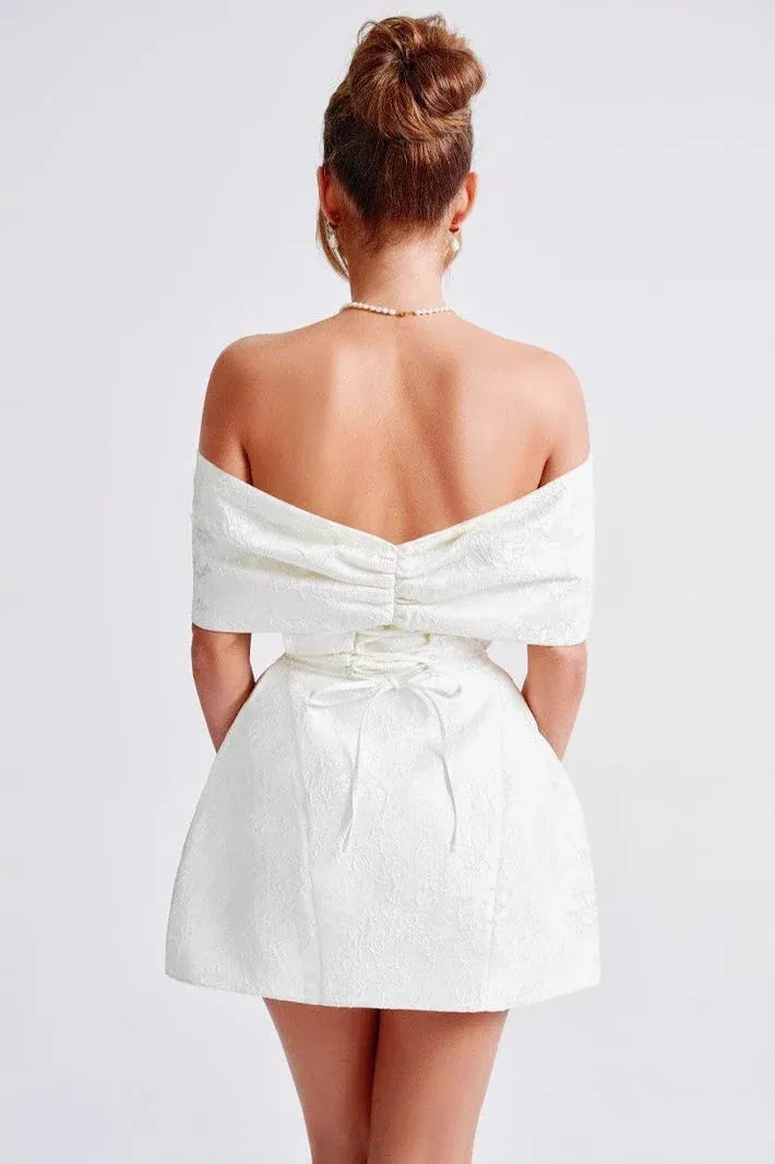 Vintage A-Line Off-Shoulder Bow Backless Jacquard White Mini Homecoming Dress