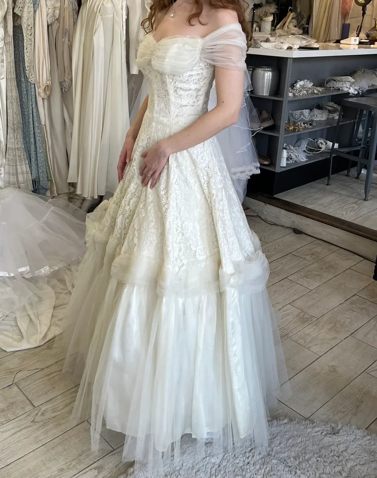 Vintage A-Line Off-Shoulder Ruched Tiered Lace Ivory Floor-Length Wedding Dress