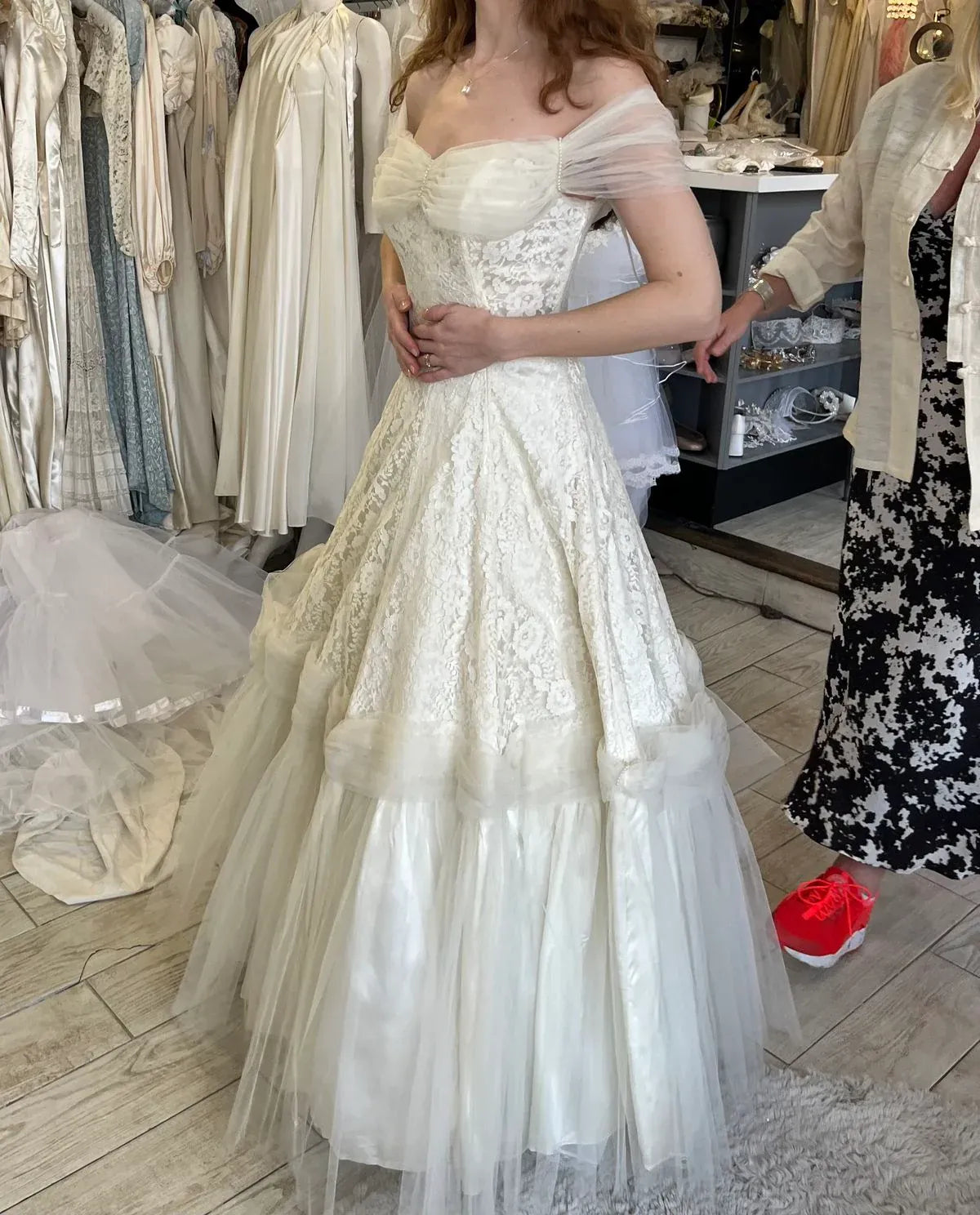 Vintage A-Line Off-Shoulder Ruched Tiered Lace Ivory Floor-Length Wedding Dress