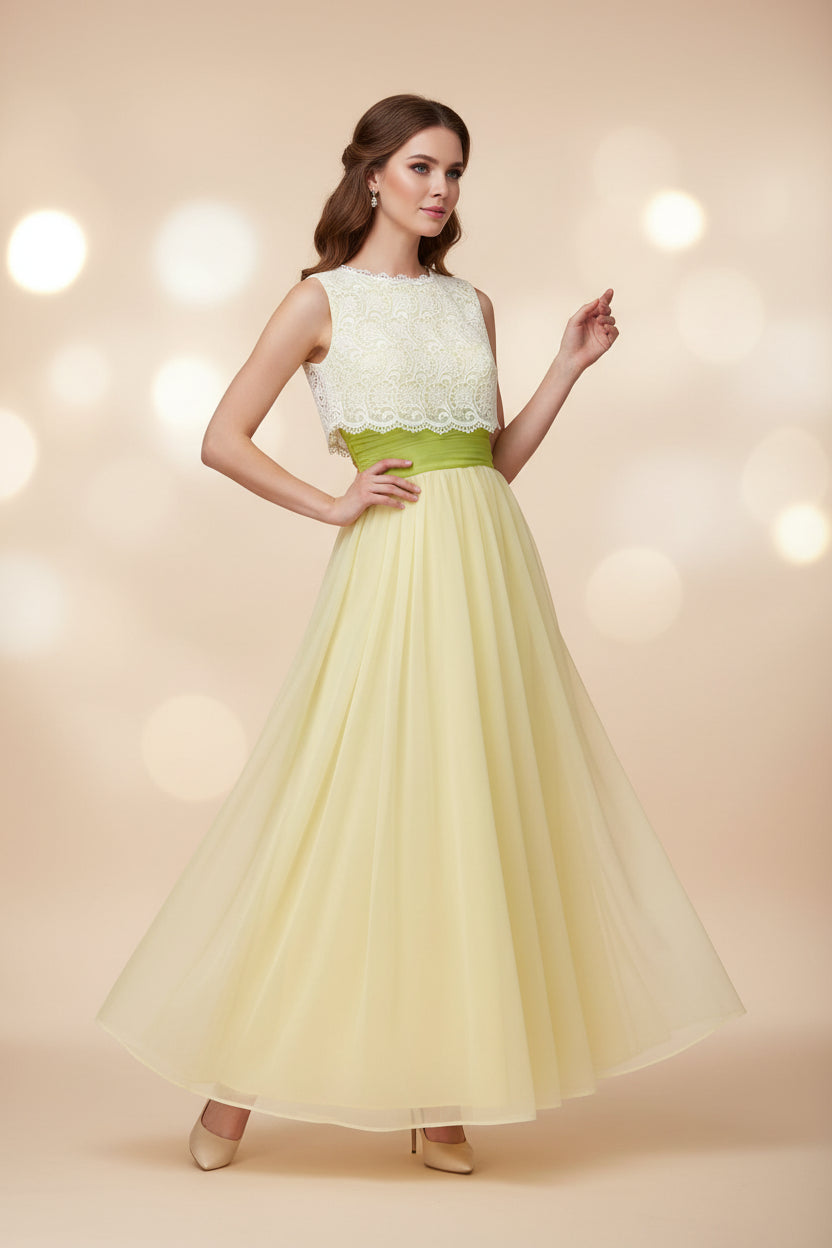 Vintage A-Line Round Neck Lace Chiffon Yellow Floor Length Prom Dress For Women