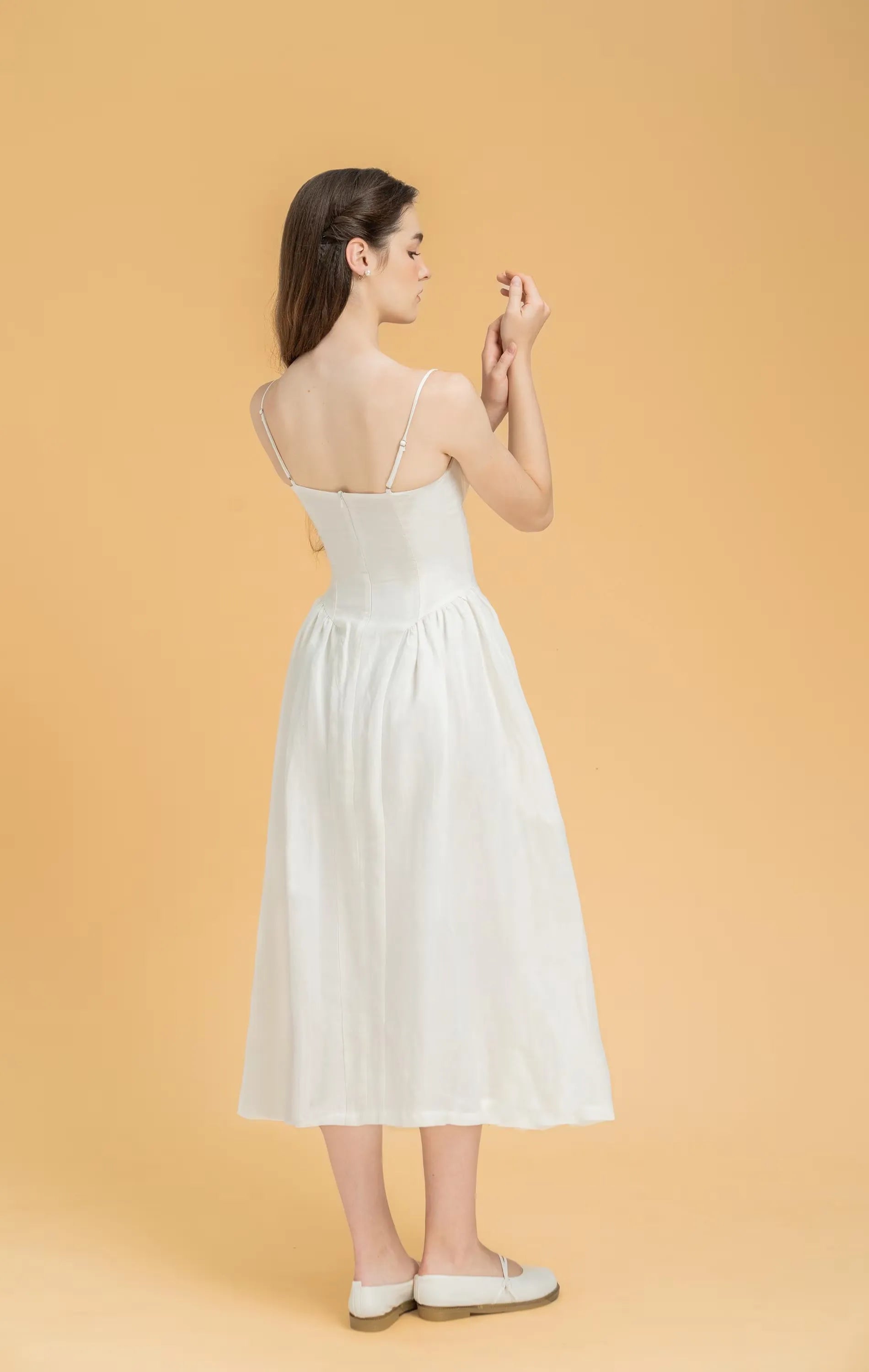 Vintage A-Line Spaghetti Strap Corset White Midi Prom Dress Ready To Ship