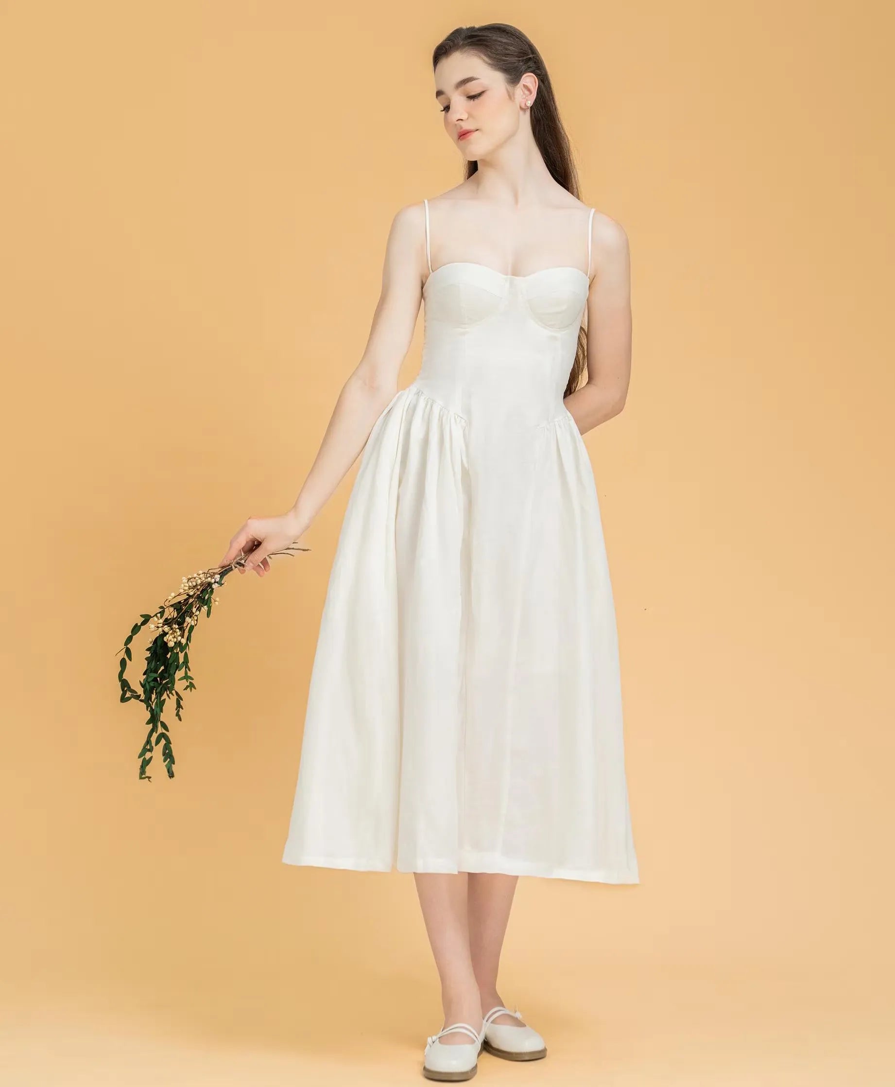 Vintage A-Line Spaghetti Strap Corset White Midi Prom Dress Ready To Ship