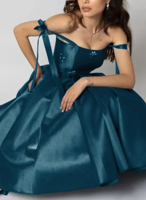 Vintage A-Line Strapless Tie-Strap Beaded Pleated Satin Teal Tea-Length Homecoming Dress