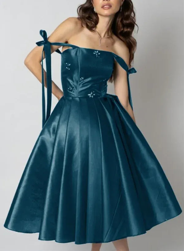 Vintage A-Line Strapless Tie-Strap Beaded Pleated Satin Teal Tea-Length Homecoming Dress