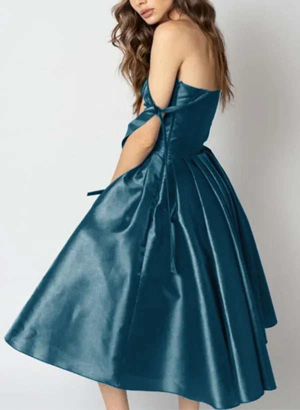 Vintage A-Line Strapless Tie-Strap Beaded Pleated Satin Teal Tea-Length Homecoming Dress