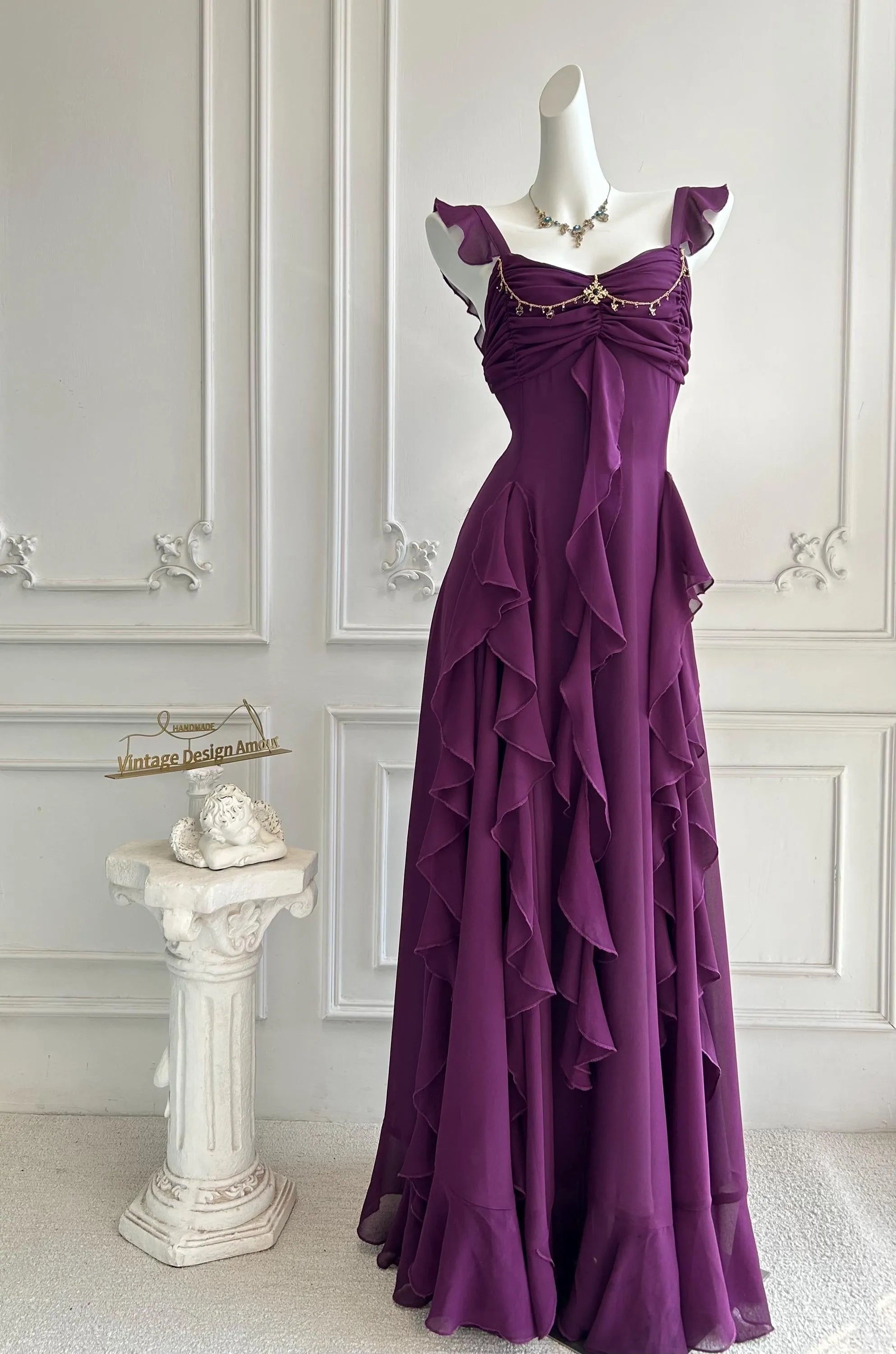 Vintage A-Line Sweetheart Ruffled Open Back Chiffon Purple Floor-Length Prom Dress