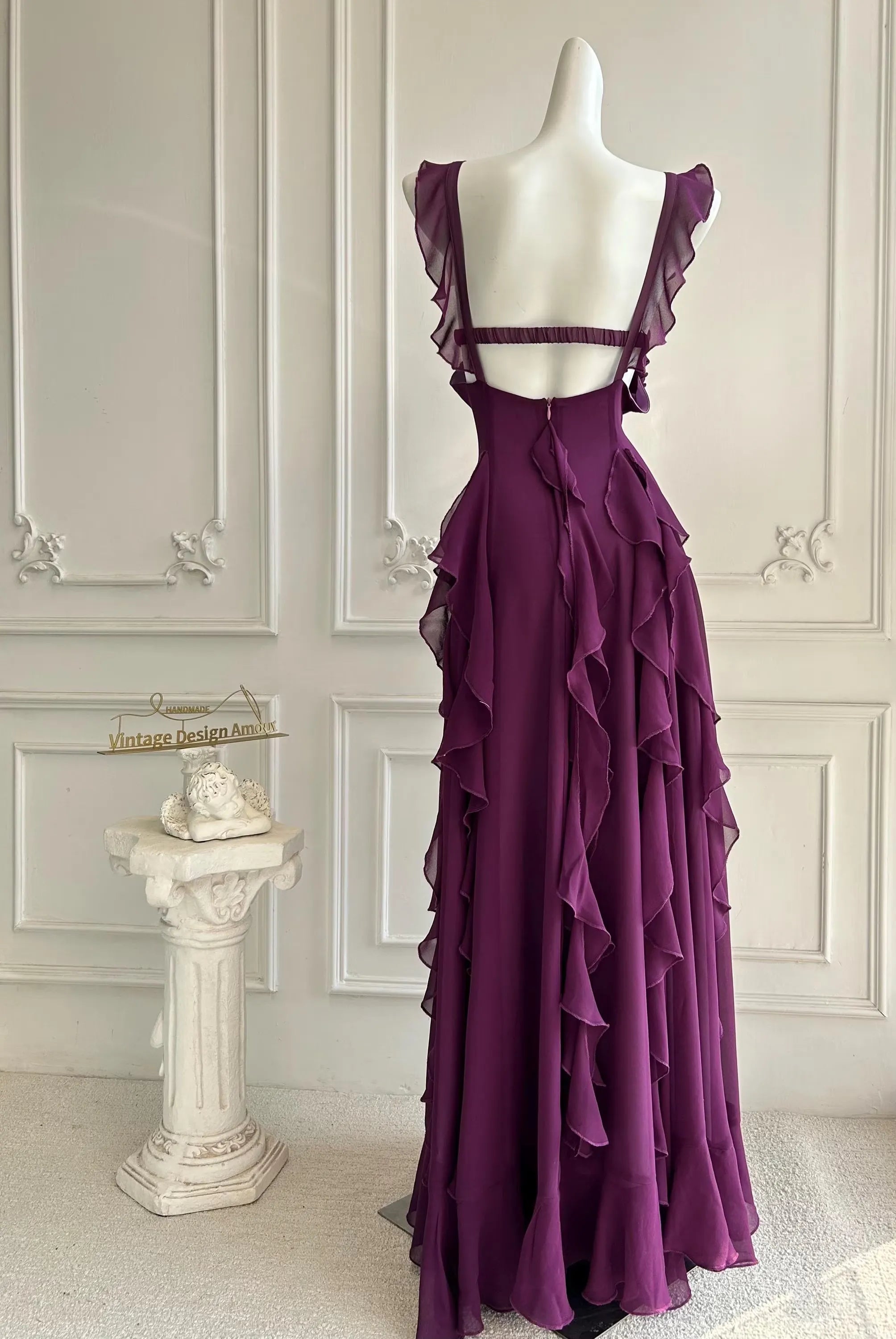 Vintage A-Line Sweetheart Ruffled Open Back Chiffon Purple Floor-Length Prom Dress