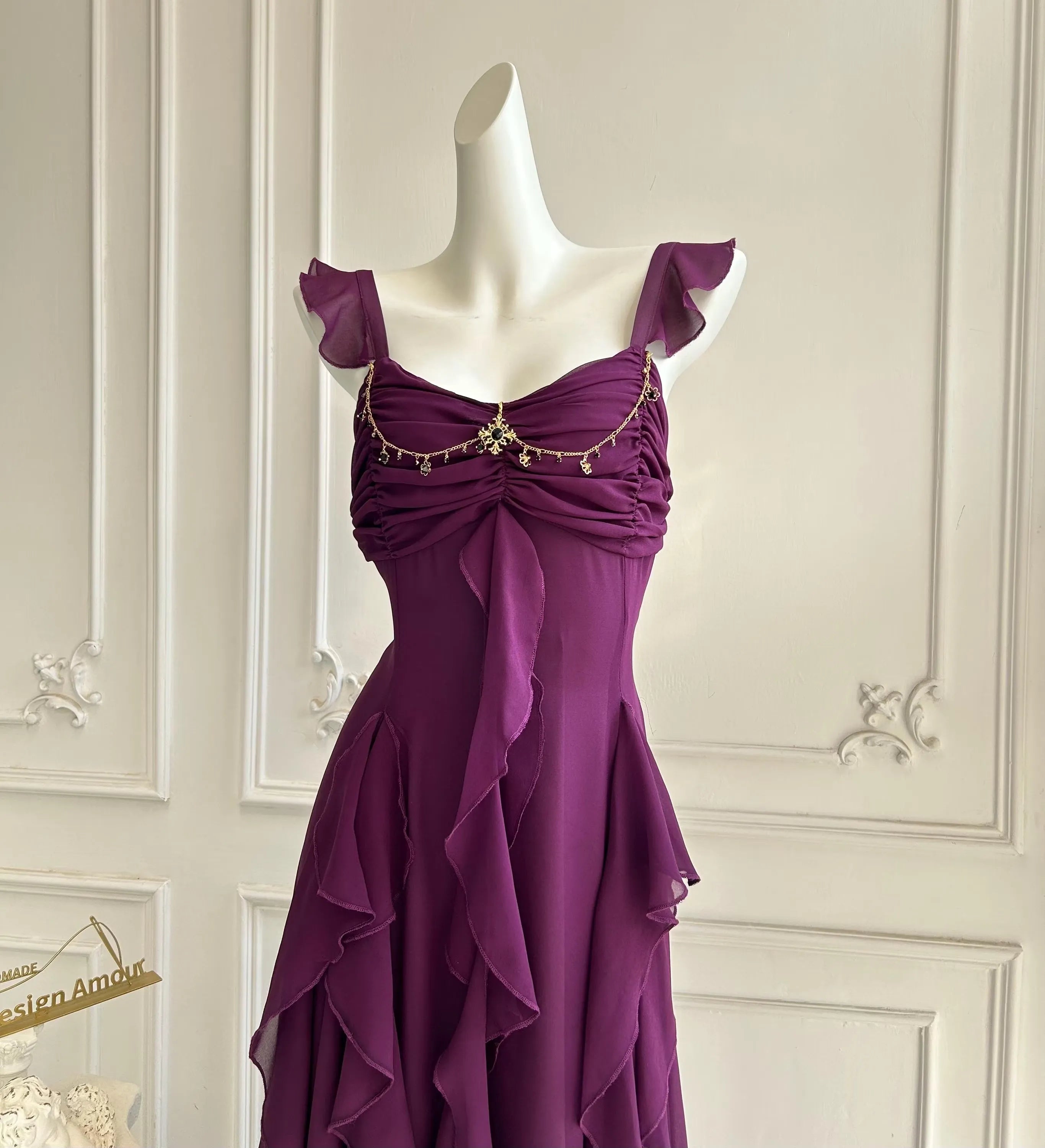 Vintage A-Line Sweetheart Ruffled Open Back Chiffon Purple Floor-Length Prom Dress
