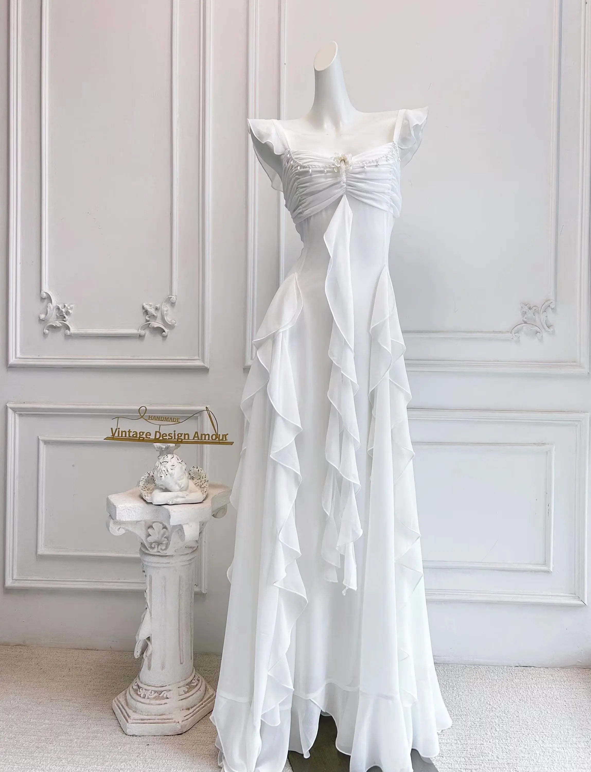 Vintage A-Line Sweetheart Ruffled Open Back Chiffon Purple Floor-Length Prom Dress