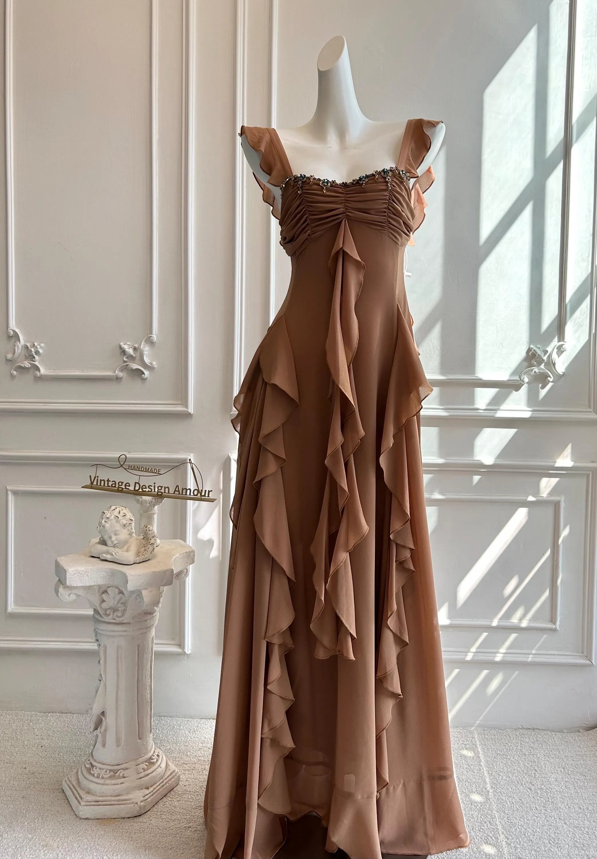 Vintage A-Line Sweetheart Ruffled Open Back Chiffon Purple Floor-Length Prom Dress