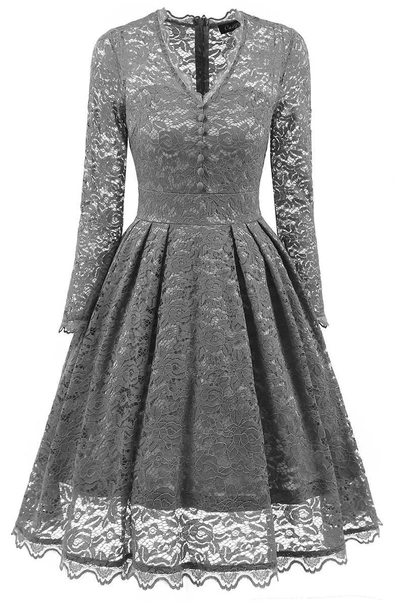 Vintage A-Line V-Neck Long Sleeve Button Lace Grey Short Homecoming Dress