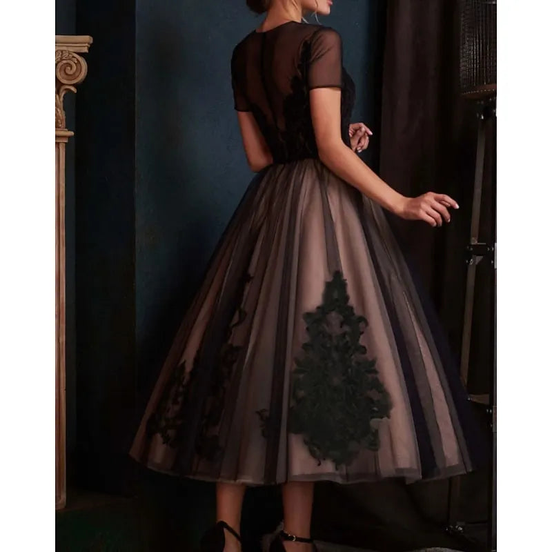 Vintage A-line Illusion-Neck Short Sleeve Applique Black Tea-Length Prom Dress For Women Ready To Ship