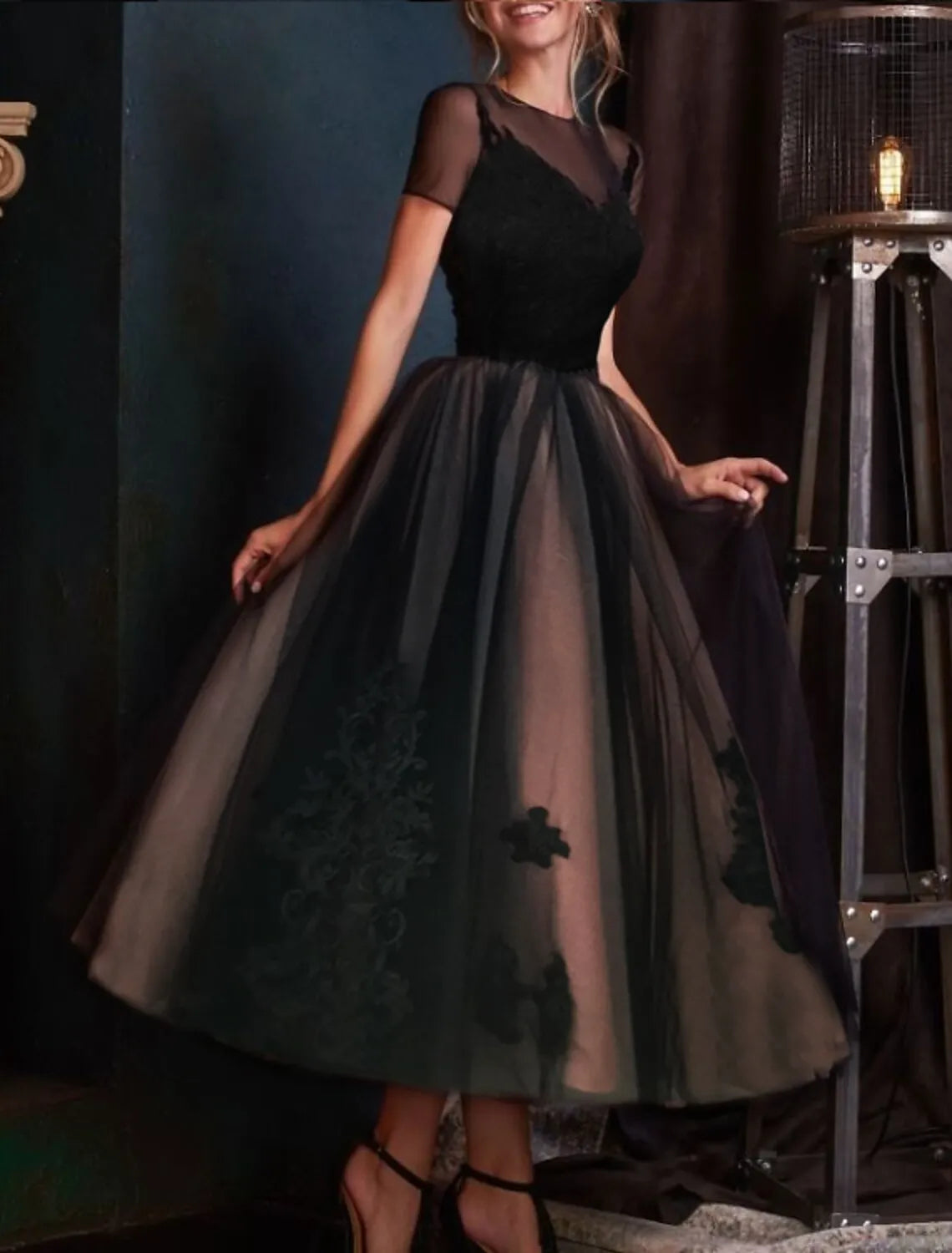 Vintage A-line Illusion-Neck Short Sleeve Applique Black Tea-Length Prom Dress For Women Ready To Ship
