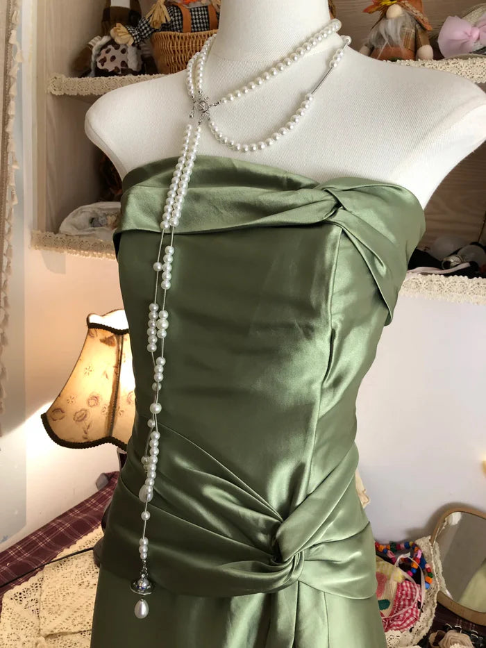 Vintage A Line Strapless Twist Satin Green Long Prom Dress Party Dress