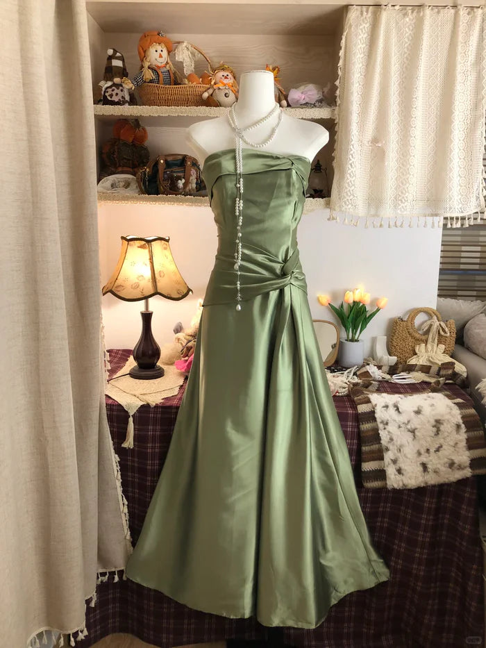 Vintage A Line Strapless Twist Satin Green Long Prom Dress Party Dress