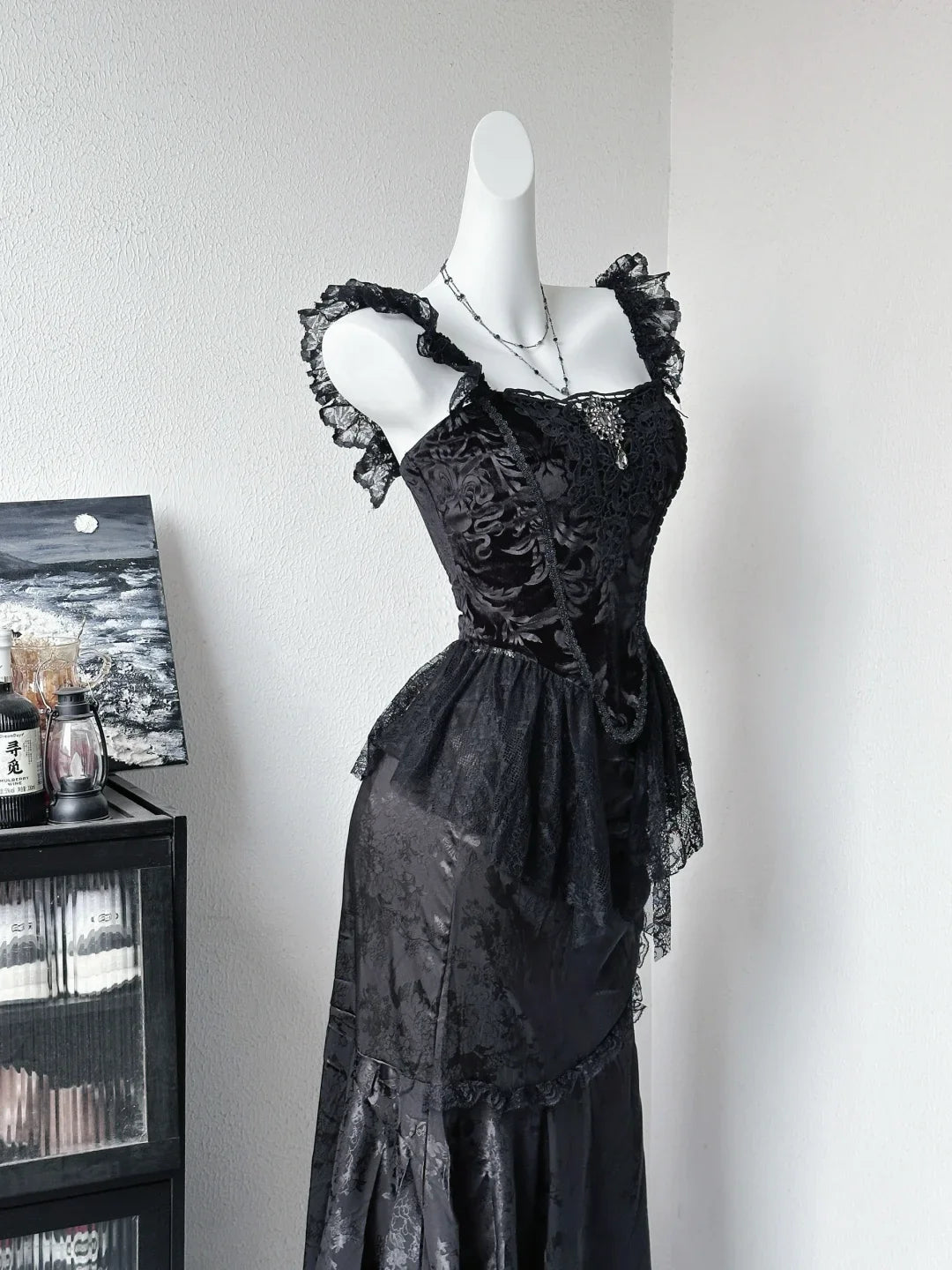 Vintage Black Satin Floral Lace Long Party Dress Evening Dress Black Prom Dress