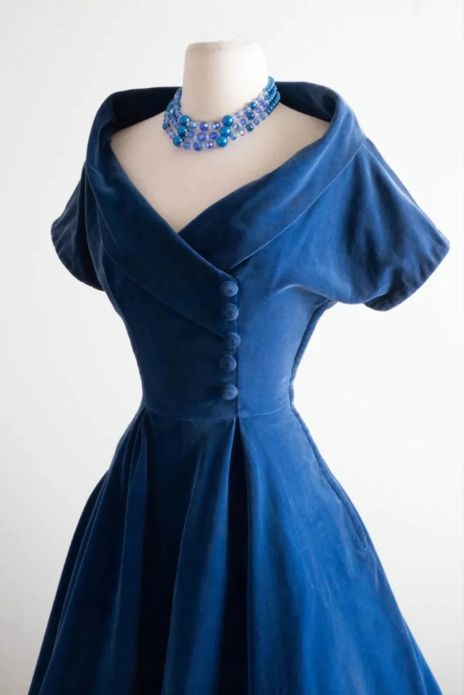 Vintage Blue Velvet V Neck Short Sleeves Homecoming Dress Short Prom Dress Party Dress