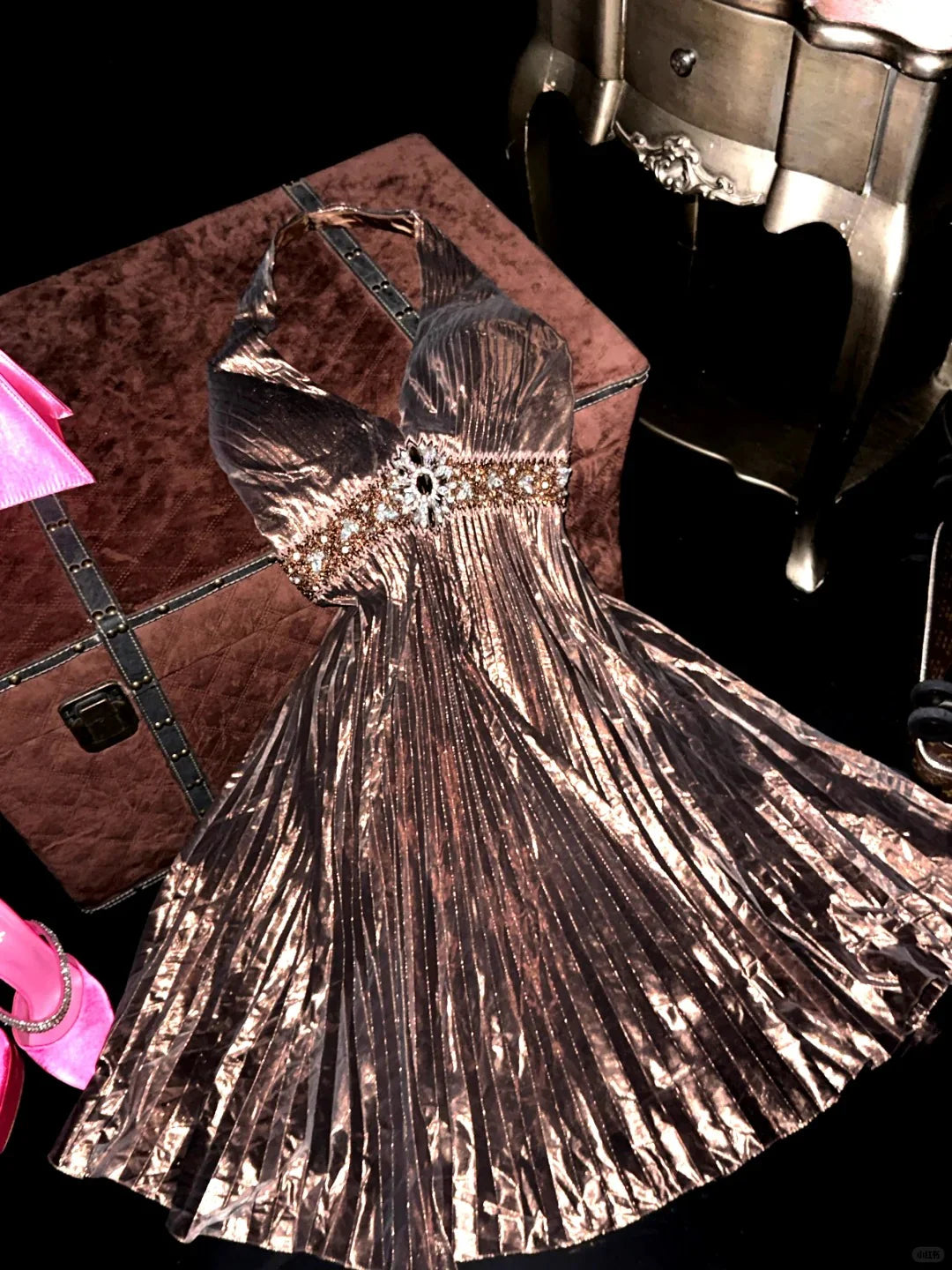 Vintage Brown Metallic With Beaded Halter Homecoming Dress Short Prom Dress Party Dress