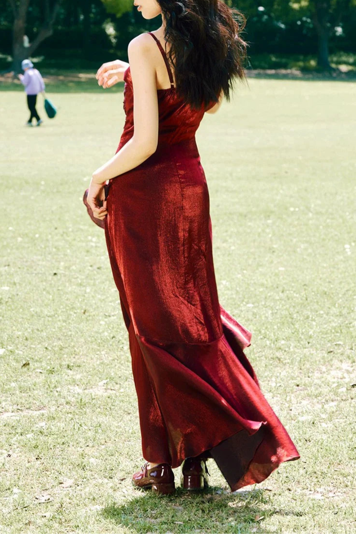 Vintage Burgundy Chiffon Spaghetti Straps High Low Ruffles Prom Dress Evening Dress