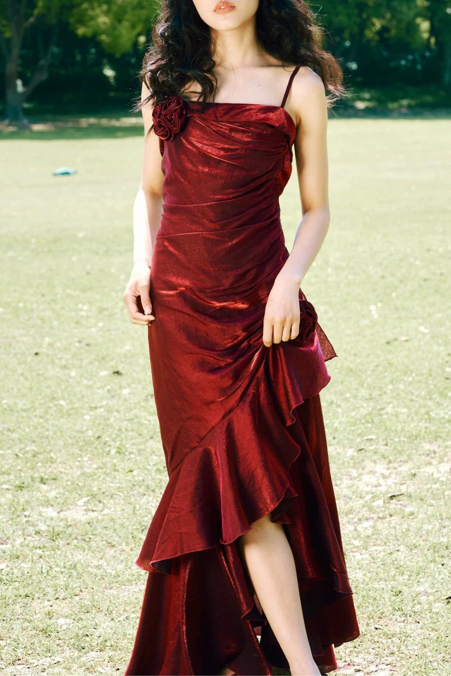 Vintage Burgundy Chiffon Spaghetti Straps High Low Ruffles Prom Dress Evening Dress