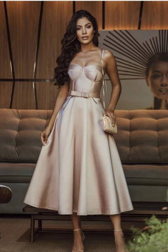 Vintage Champagne Satin Sweetheart Spaghetti Straps Tea Length Party Dress Bridesmaid Dress