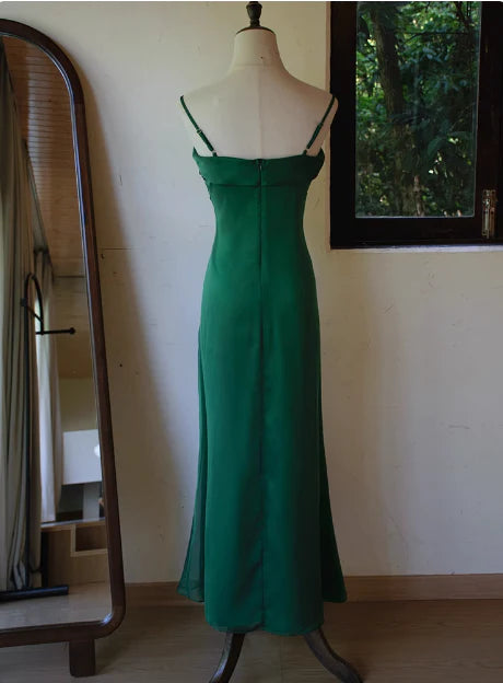 Vintage Dark Green Satin 3D Flowers Spaghetti Straps Slim Fit Prom Dress Affordable Satin Party Dresses