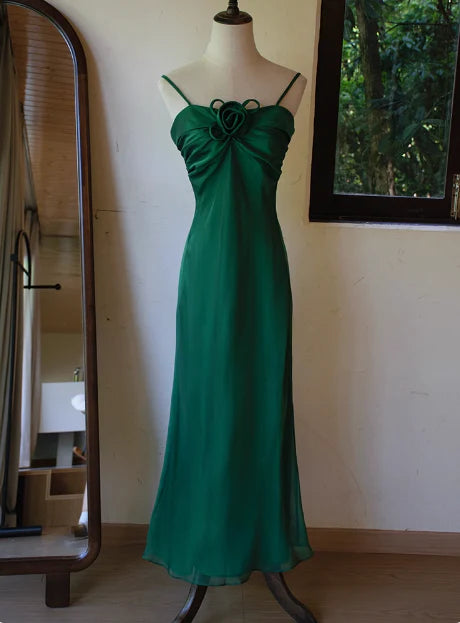 Vintage Dark Green Satin 3D Flowers Spaghetti Straps Slim Fit Prom Dress Affordable Satin Party Dresses