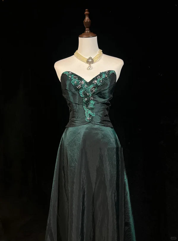 Vintage Green Satin Sequins With Beaded A line Sweetheart Long Prom Dress Discount Long Party Dresses Birthday Outfits