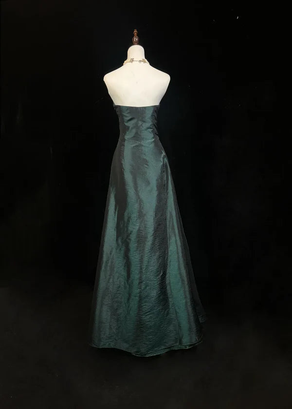 Vintage Green Satin Sequins With Beaded A line Sweetheart Long Prom Dress Discount Long Party Dresses Birthday Outfits
