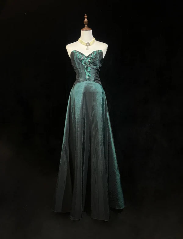 Vintage Green Satin Sequins With Beaded A line Sweetheart Long Prom Dress Discount Long Party Dresses Birthday Outfits