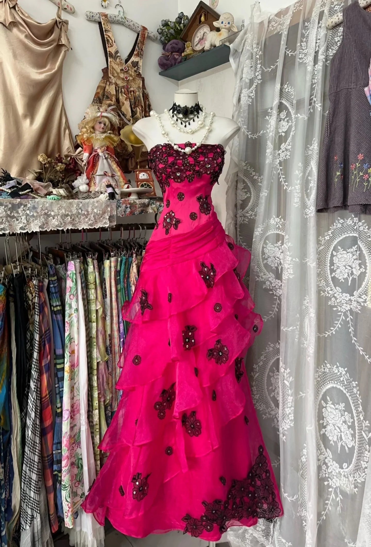 Vintage Hot Pink Fashion Sequins With Applique Mermaid Strapless Floor Length Evening Dress Prom Dress