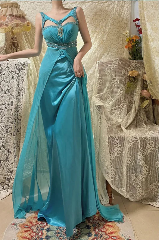 Vintage Lake Blue Satin Design Neckline Rhinestones Beaded Floor Length Evening Dress Prom Dress