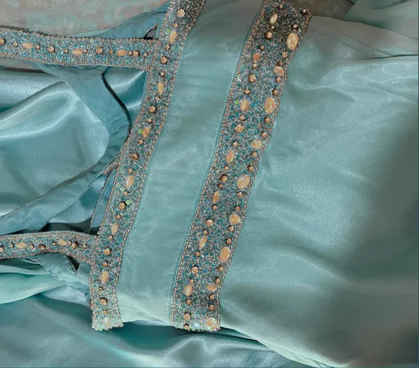 Vintage Lake Blue Satin Design Neckline Rhinestones Beaded Floor Length Evening Dress Prom Dress