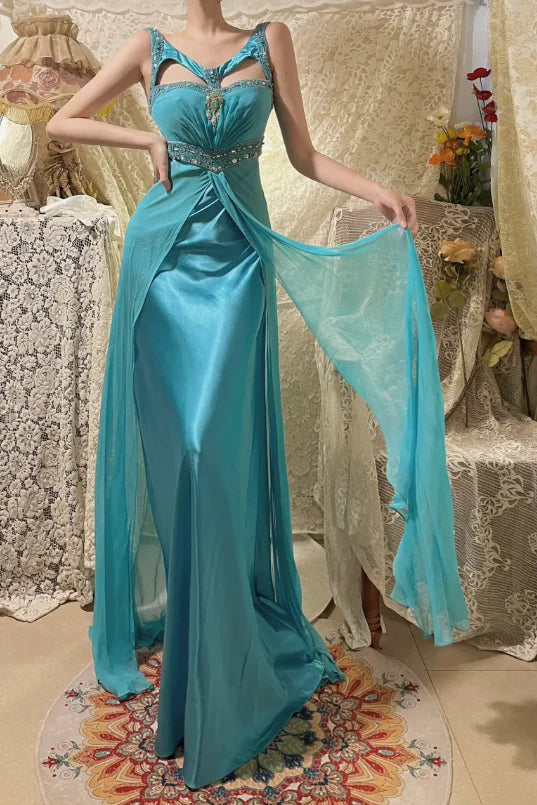 Vintage Lake Blue Satin Design Neckline Rhinestones Beaded Floor Length Evening Dress Prom Dress