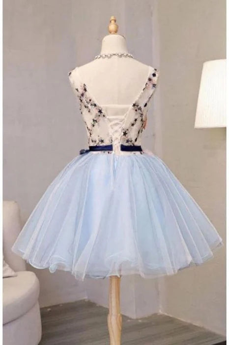 Vintage Light Blue Lace Tulle Flower Short Princess Homecoming Party Dresses Mini Dress