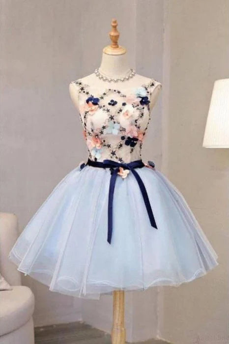 Vintage Light Blue Lace Tulle Flower Short Princess Homecoming Party Dresses Mini Dress
