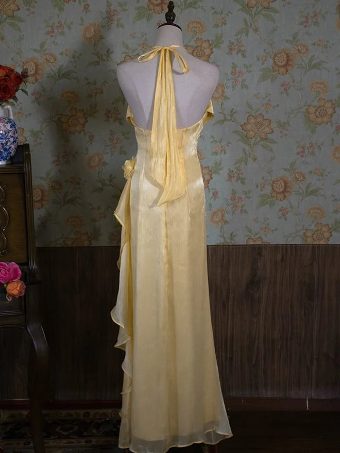 Vintage Mermaid Halter Neck Pleated Floral Yellow Maxi Prom Dress
