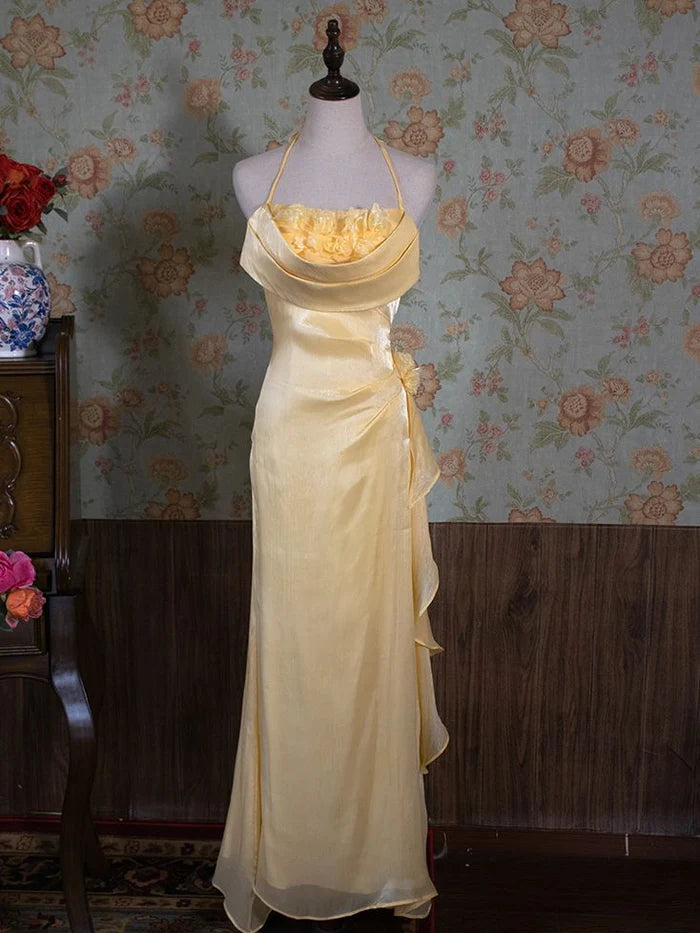 Vintage Mermaid Halter Neck Pleated Floral Yellow Maxi Prom Dress