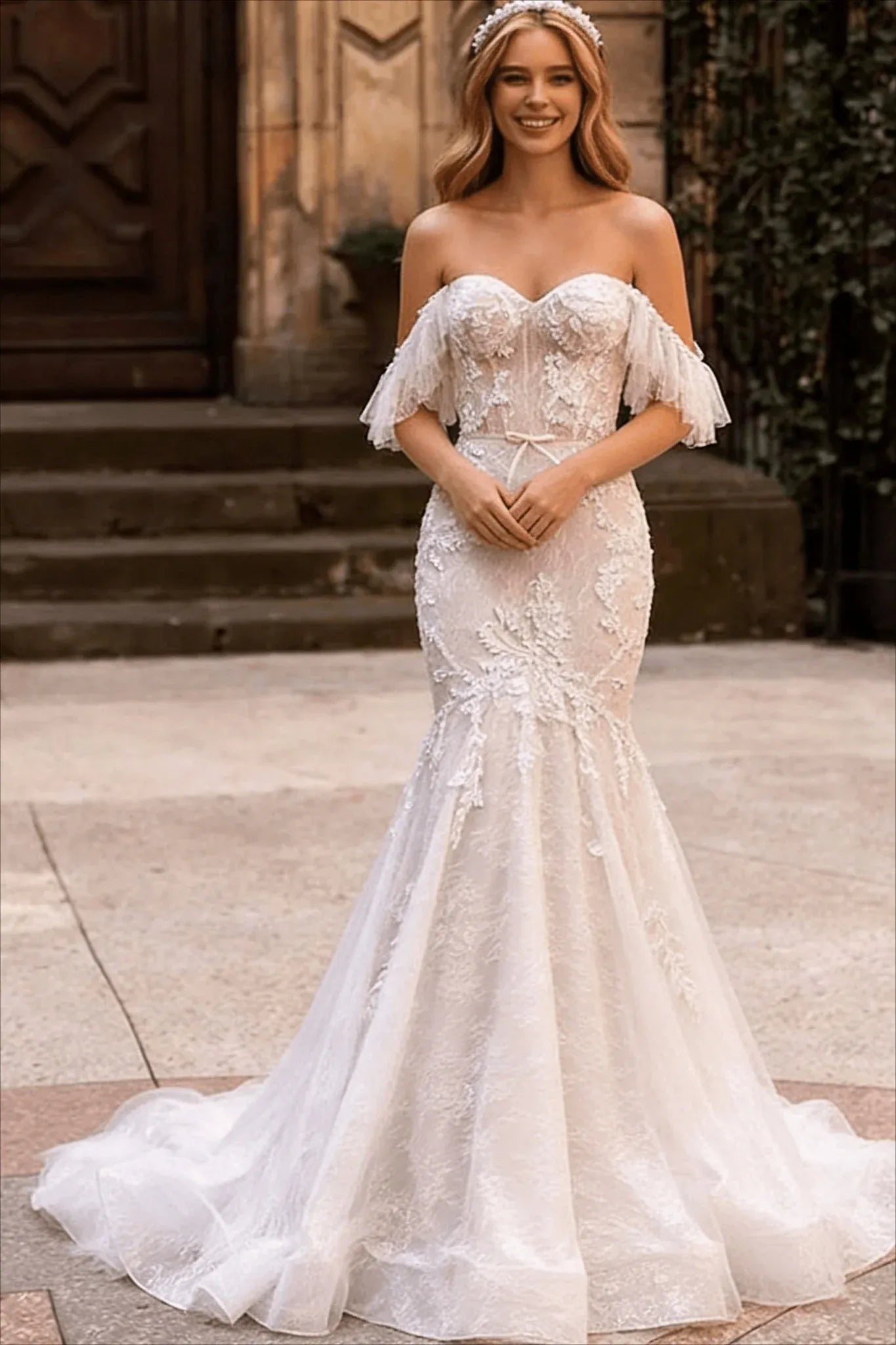 Vintage Mermaid Off Shoulder Ruffle Bow Applique Lace White Long Wedding Dress
