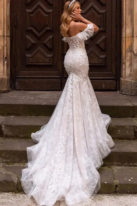 Vintage Mermaid Off Shoulder Ruffle Bow Applique Lace White Long Wedding Dress