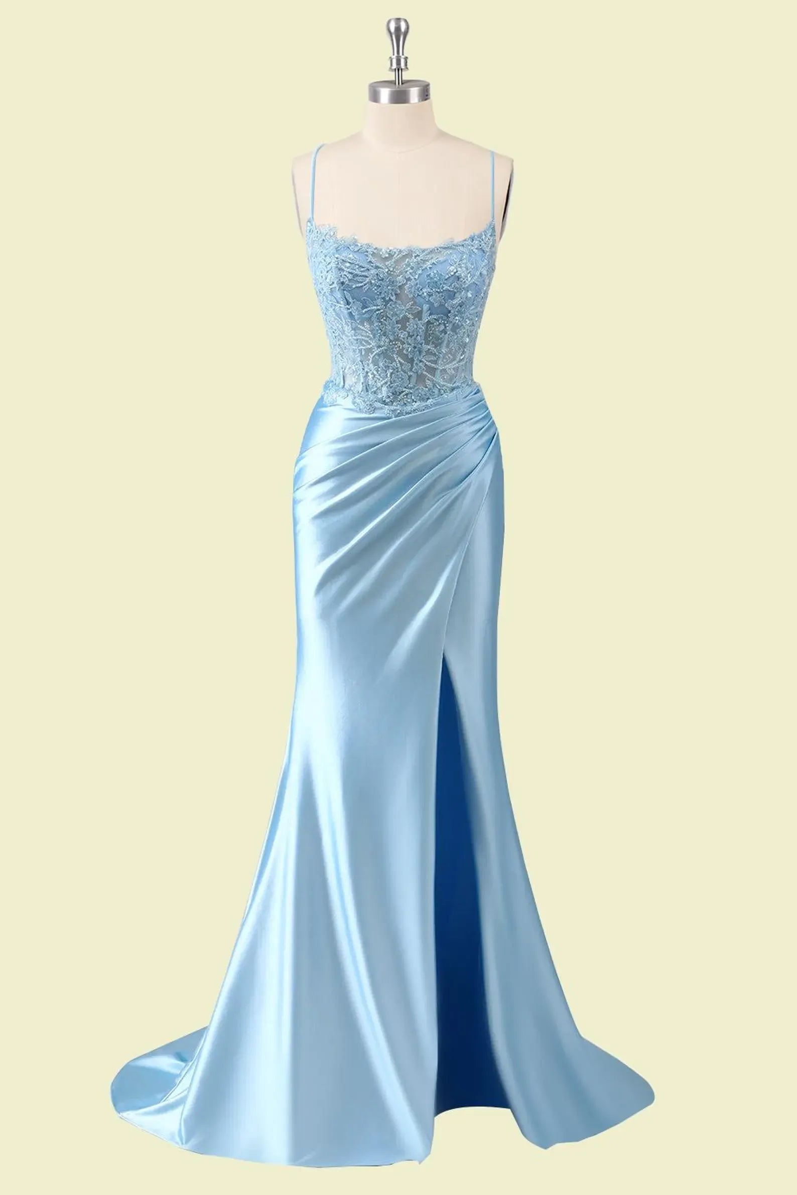 Vintage Mermaid Spaghetti Strap Corset Lace Satin Light Blue Floor-Length Prom Dress