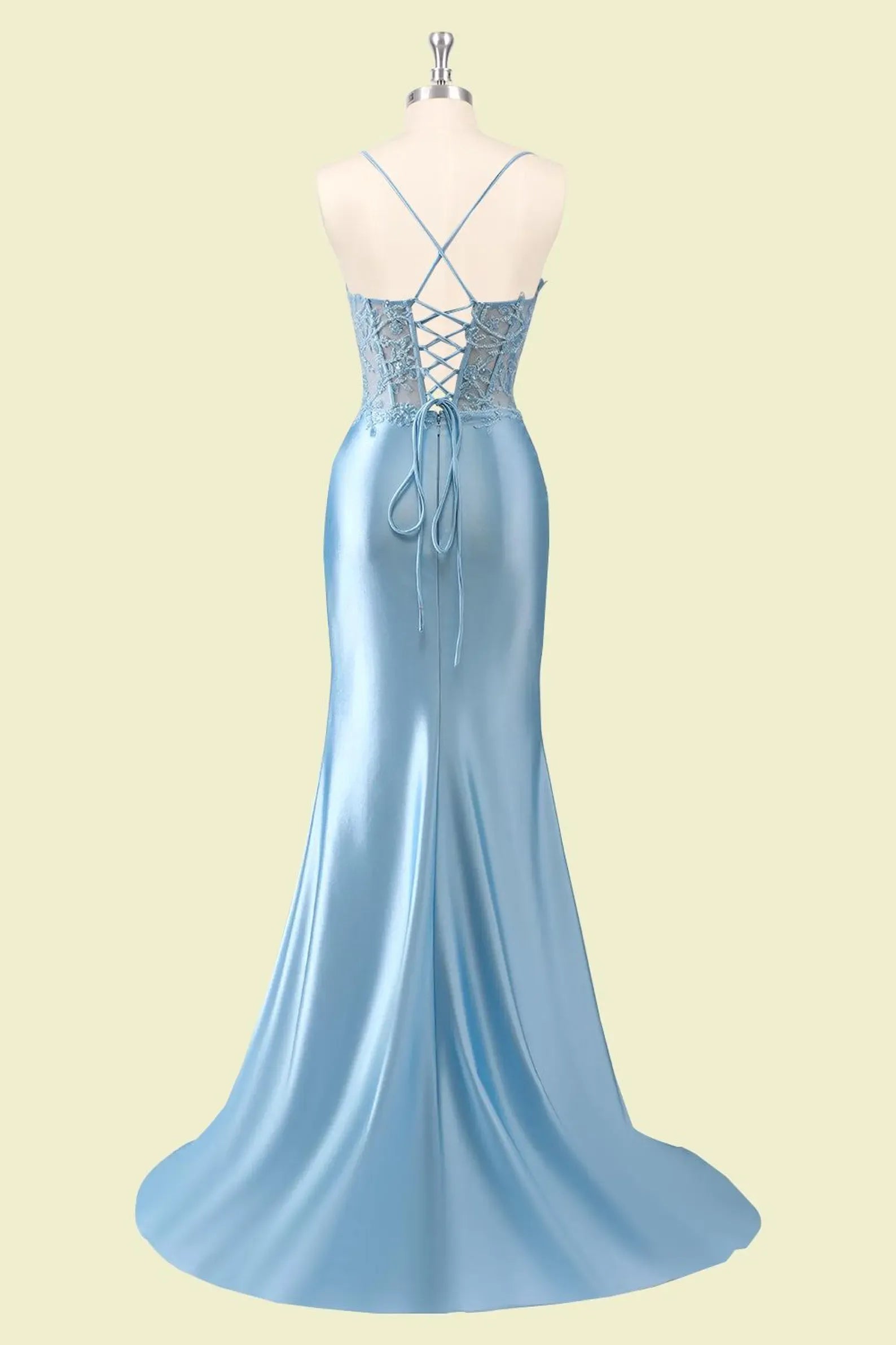 Vintage Mermaid Spaghetti Strap Corset Lace Satin Light Blue Floor-Length Prom Dress