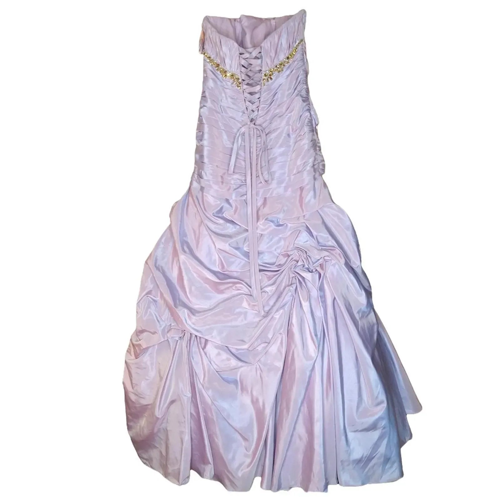 Vintage Mermaid Strapless Ruched Beaded Satin Light Purple Floor-Length Prom Dress