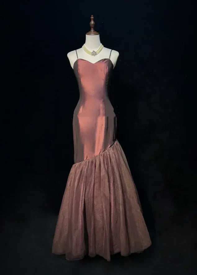 Vintage Mermaid Sweetheart Spaghetti Strap Tulle Satin Brown Long Prom Dress