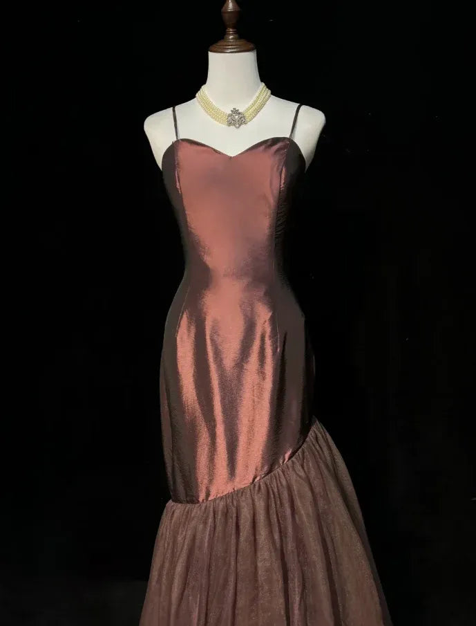 Vintage Mermaid Sweetheart Spaghetti Strap Tulle Satin Brown Long Prom Dress