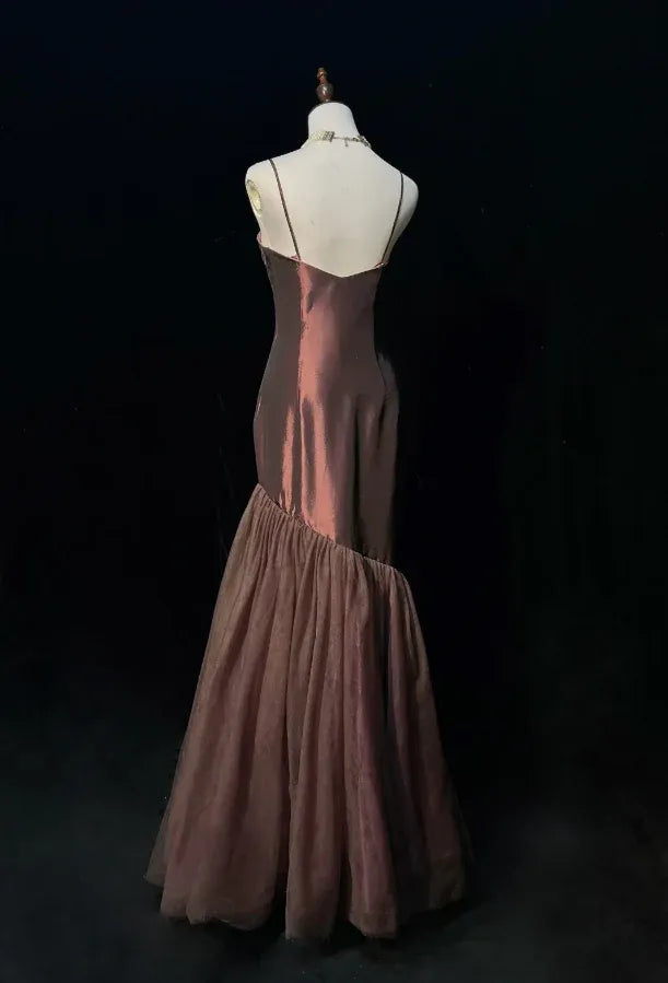 Vintage Mermaid Sweetheart Spaghetti Strap Tulle Satin Brown Long Prom Dress