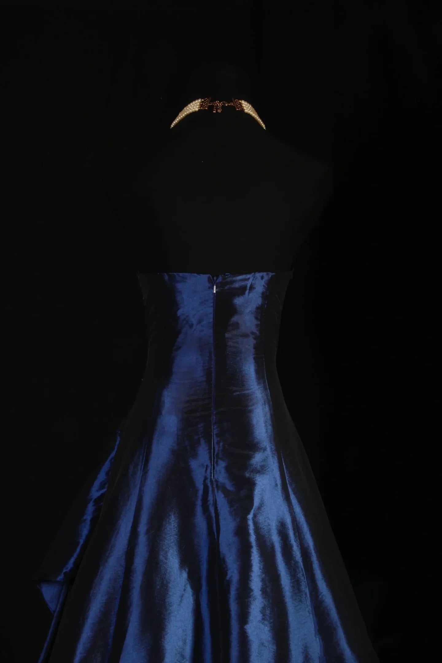 Vintage Navy Blue Satin With Beaded Pleated Strapless Long Prom Dresses Party Dress